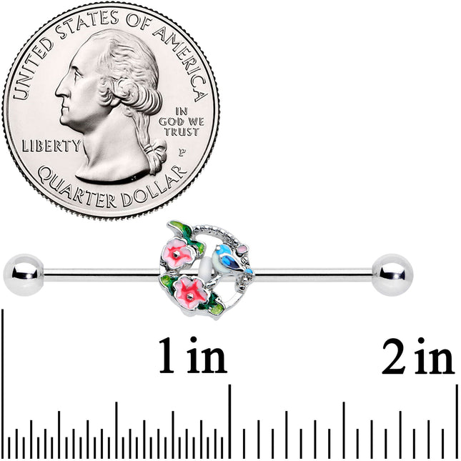 14G Little Blue Bird Pink Flowers Industrial Barbell 38mm