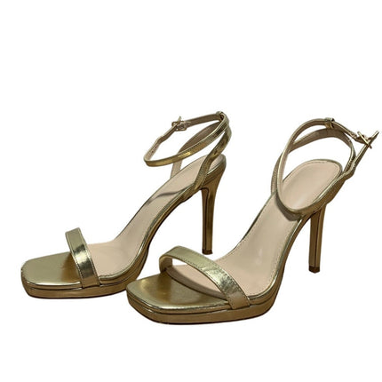 Elisabet Tang Womens Size 7.5 Gold 4" Heels Open Square Toe Ankle Strap Shoes