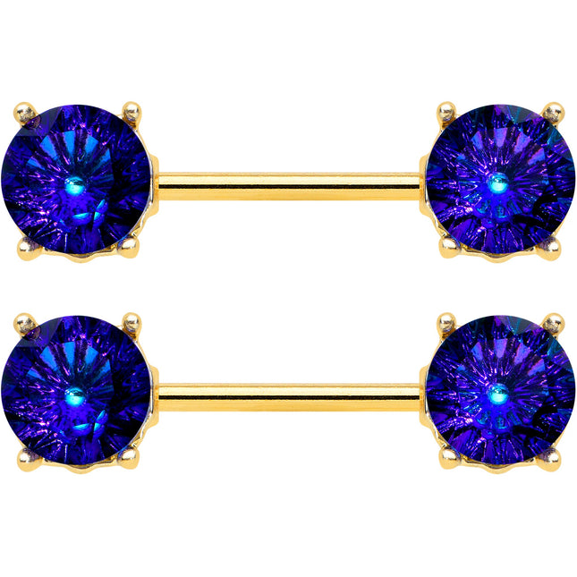 14G 9/16 Blue Gem Gold Tone Simply Elegant Nipple Ring Set