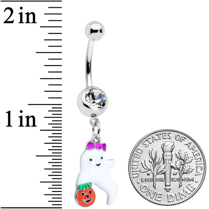 Clear Gem Trick or Treat Purple Bow Ghost Halloween Dangle Belly Ring