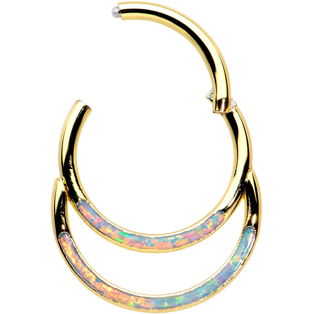 16G 3/8 White Synth Opal Gold Tone Double Row Hinged Segment Ring