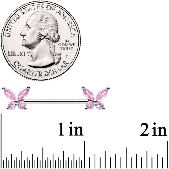 14G 3/4 Pink CZ Gem Butterflies Barbell Nipple Ring Set