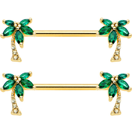 14G 9/16 Clear Green Gem Gold Tone Palm Tree Nipple Ring Set