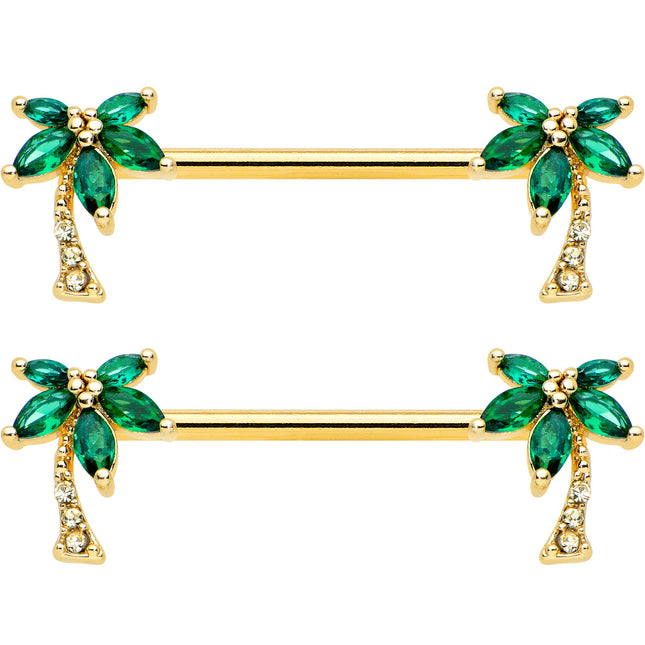 14G 9/16 Clear Green Gem Gold Tone Palm Tree Nipple Ring Set