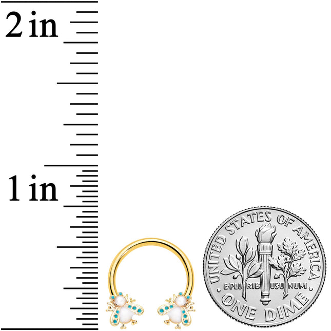 16G 3/8 White Gem Gold Tone Snow Bug Horseshoe Curved Barbell