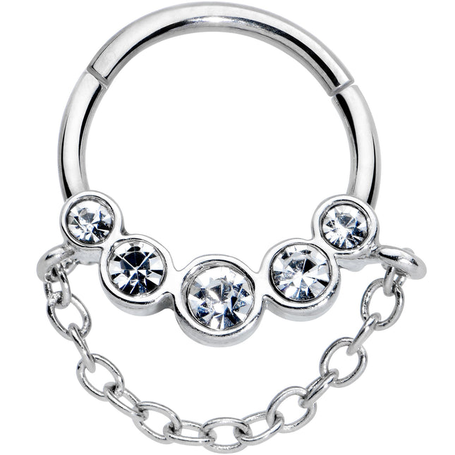 16G 3/8 Clear Gem Trio Chain Dangle Hinged Segment Ring