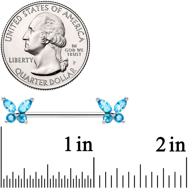 14G 3/4 Blue CZ Gem Butterflies Barbell Nipple Ring Set