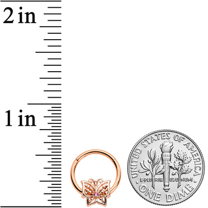 16G 3/8 Pink CZ Gem Rose Gold Tone Butterfly Hinged Segment Ring