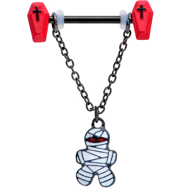 14G 9/16 Mummy Red Coffin Halloween Chain Dangle Nipple Ring Set