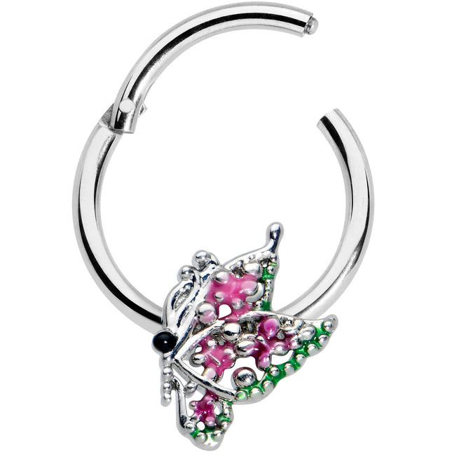 16G 3/8 Textured In Pink Butterfly Hinged Segment Ring