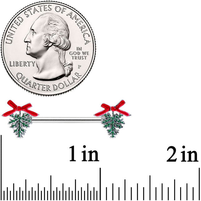 14G 9/16 Pine Bough Red Bow Christmas Barbell Nipple Ring Set