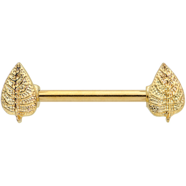 14G 9/16 Gold Tone Autumn Textured Leaf Barbell Nipple Ring Set