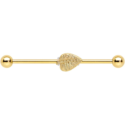 14G Gold Tone Autumn Textured Leaf Industrial Barbell 38mm
