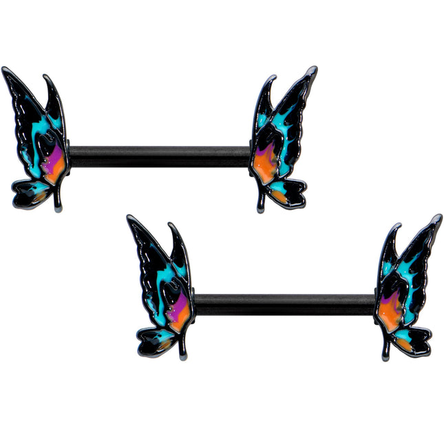 14G 9/16 Black Sunset Butterfly Barbell Nipple Ring Set