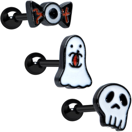16G 1/4 Black Ghost Skull Eye Halloween Cartilage Tragus Set of 3