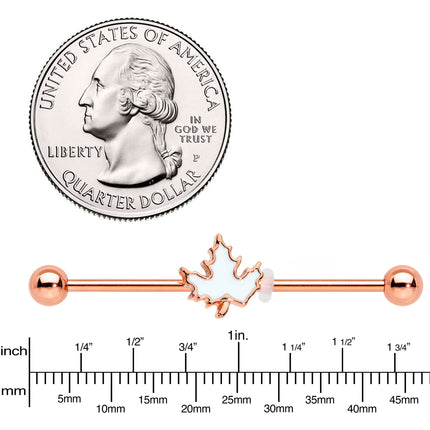 14G Rose Gold Hue Autumn White Maple Leaf Industrial Barbell 38mm