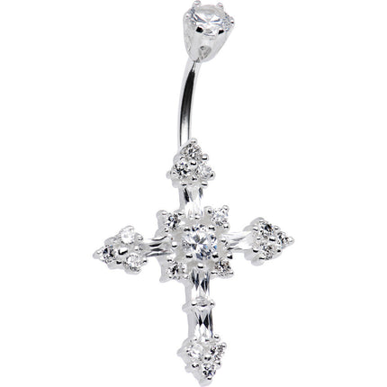 Sterling Silver 925 Crystalline Cubic Zirconia CROSS Belly Ring