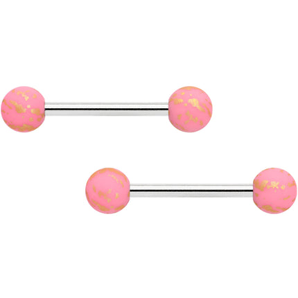 14G 9/16 Matte Pink Splatter Barbell Nipple Ring Set
