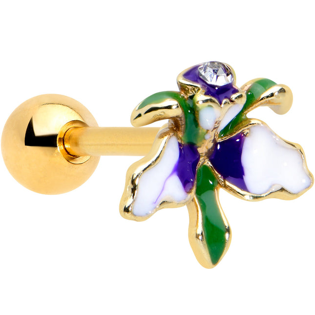 16G 1/4 Clear Gem Gold Tone Iris Flower Cartilage Tragus Earring