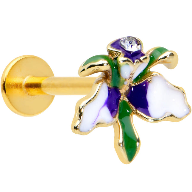 16G 5/16 Clear Gem Gold Tone Iris Flower Labret Monroe Tragus