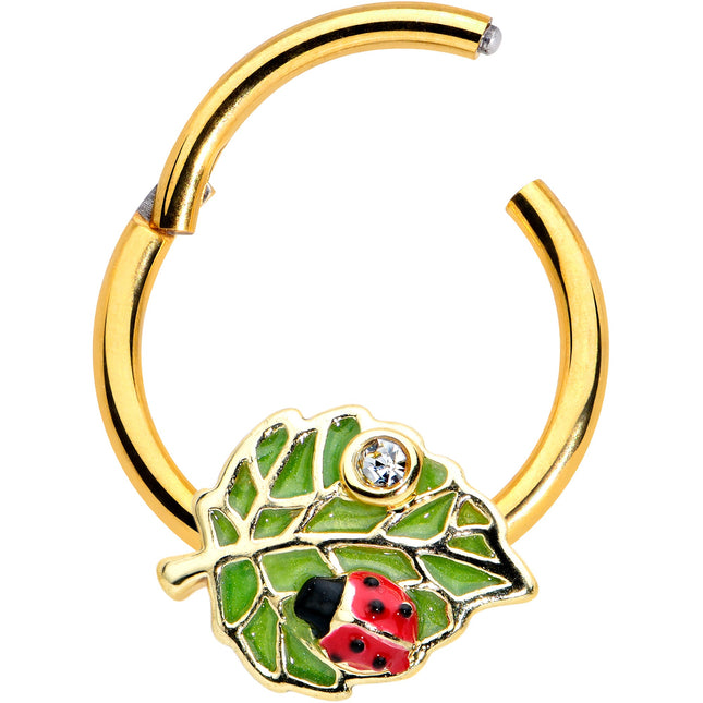 16G 3/8 Clear Gem Gold Tone Leafy Ladybug Hinged Segment Ring
