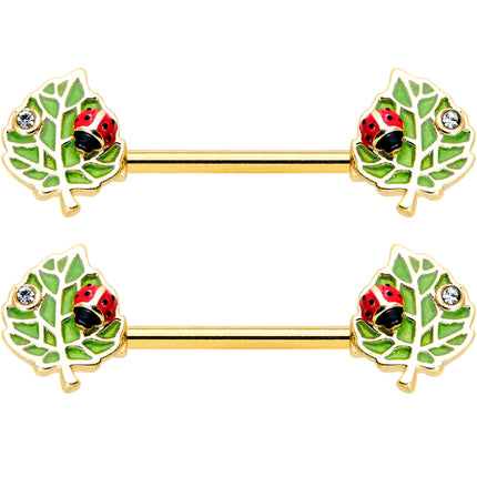 14G 9/16 Clear Gem Gold Hue Leafy Ladybug Barbell Nipple Ring Set