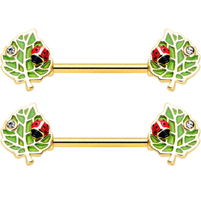 14G 9/16 Clear Gem Gold Hue Leafy Ladybug Barbell Nipple Ring Set