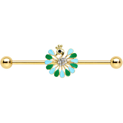 14G Clear Black Gold Tone Pretty Peacock Industrial Barbell 38mm