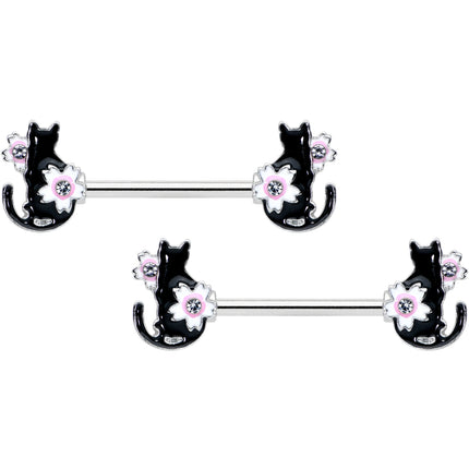 14G 9/16 Clear Gem Flowers Black Cat Barbell Nipple Ring Set