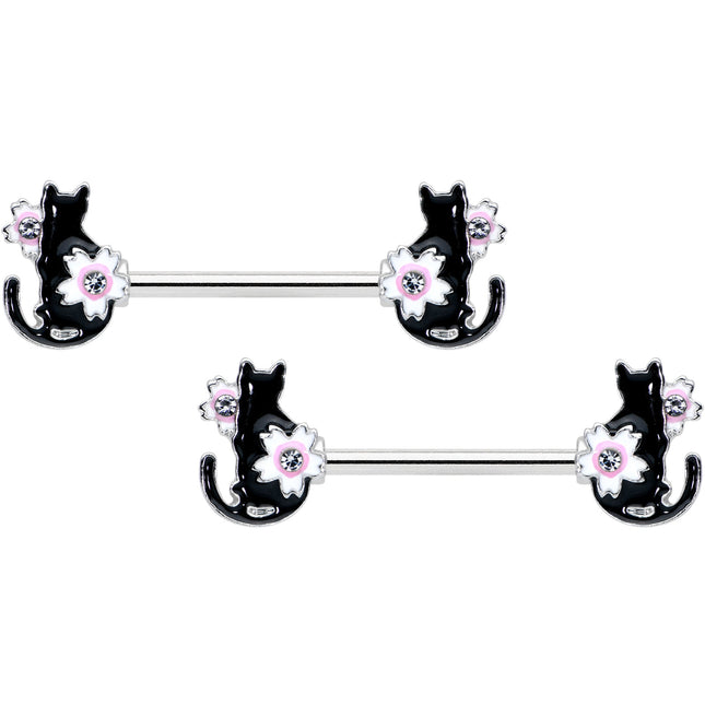14G 9/16 Clear Gem Flowers Black Cat Barbell Nipple Ring Set