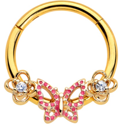 16G 3/8 Clear CZ Gem Gold Hue Sweet Butterfly Hinged Segment Ring