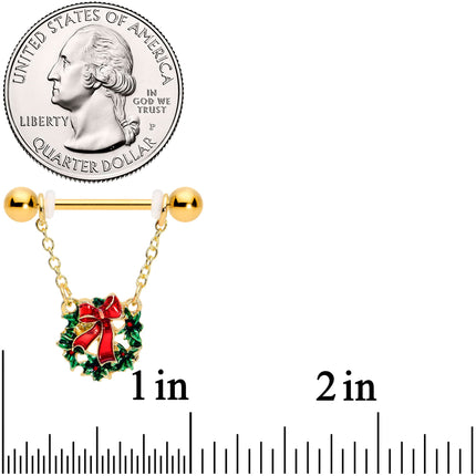 14G 5/8 Gold Tone Festive Wreath Christmas Dangle Nipple Ring Set