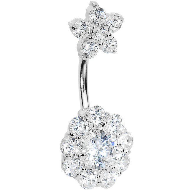 Sterling Silver 925 Crystalline Cubic Zirconia Double FLOWER Belly Ring