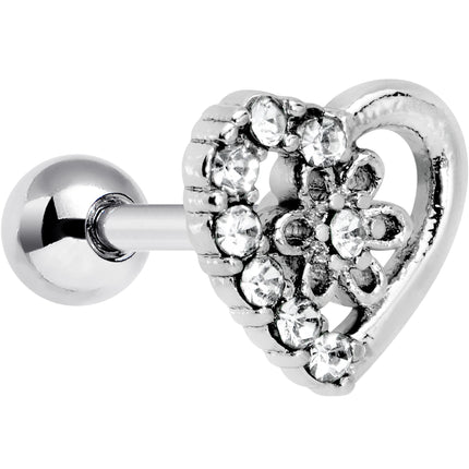 16G 1/4 Clear Gem Floral Hollow Heart Cartilage Tragus Earring