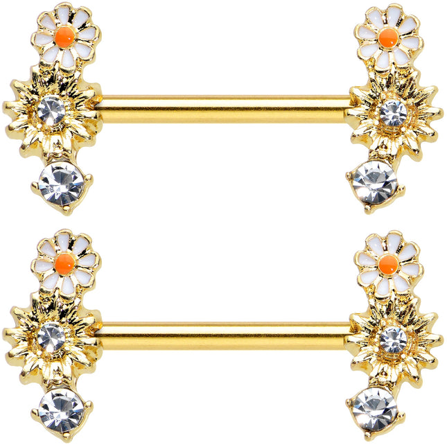 14G 1/2 Clear Gem Gold Tone Sunny Day Daisy Nipple Ring Set
