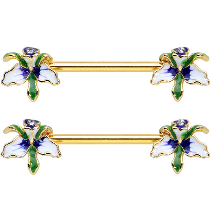 14G 9/16 Clear Gem Gold Tone Iris Flower Barbell Nipple Ring Set