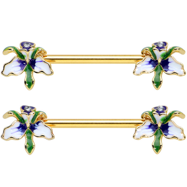 14G 9/16 Clear Gem Gold Tone Iris Flower Barbell Nipple Ring Set