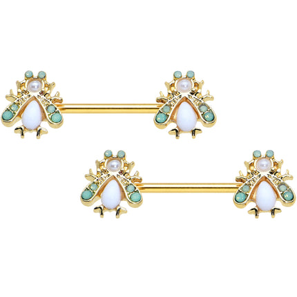14G 5/8 White Gem Gold Tone Snow Bug Barbell Nipple Ring Set