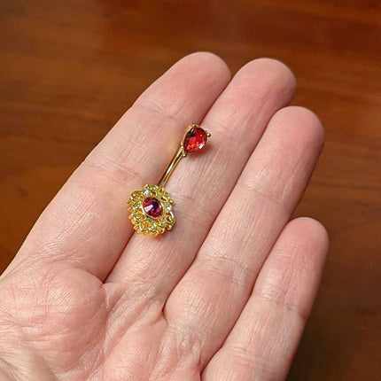 Clear Pink Gem Gold Tone Open Lace Love Double Mount Belly Ring