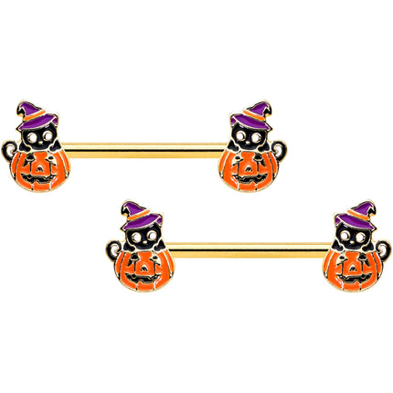 14G 9/16 Gold Hue Black Witch Cat Pumpkin Barbell Nipple Ring Set
