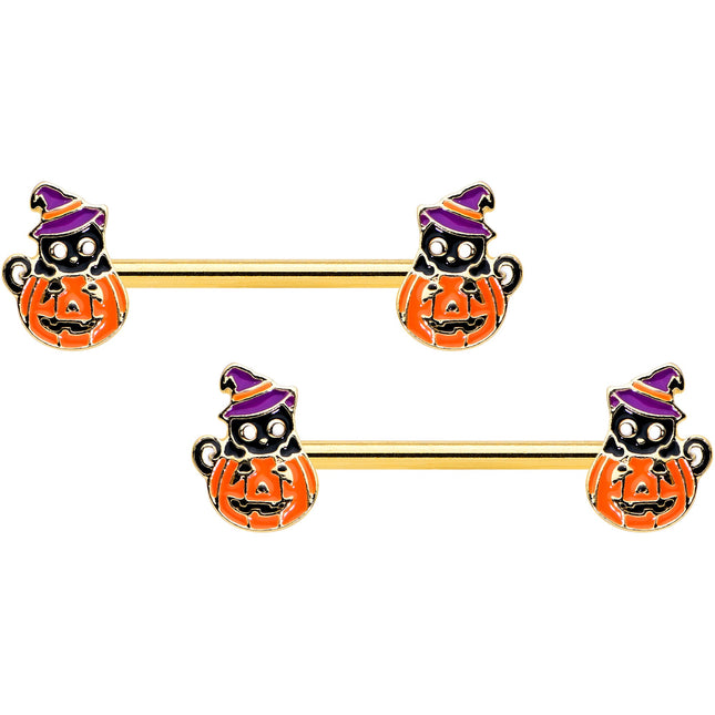 14G 9/16 Gold Hue Black Witch Cat Pumpkin Barbell Nipple Ring Set