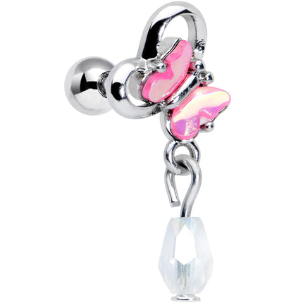 16G 1/4 Heart Pink Butterfly Dangle Cartilage Tragus Earring