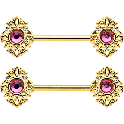 14G 9/16 Pink Gem Gold Hue Open Lace Love Barbell Nipple Ring Set