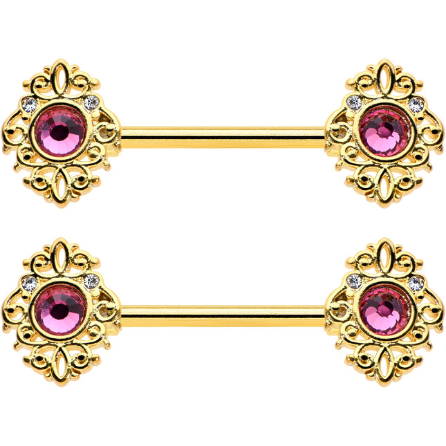 14G 9/16 Pink Gem Gold Hue Open Lace Love Barbell Nipple Ring Set