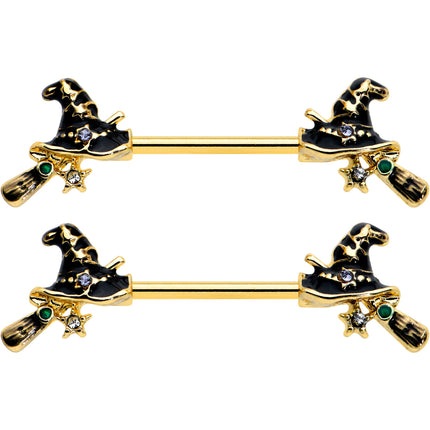 14G 9/16 Clear Gem Gold Tone Witch Hat Broom Nipple Ring Set