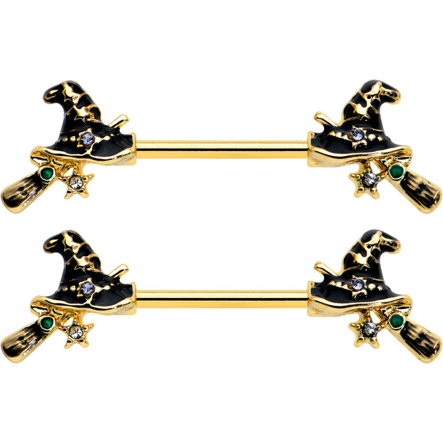 14G 9/16 Clear Gem Gold Tone Witch Hat Broom Nipple Ring Set