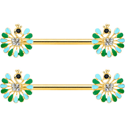 14G 5/8 Clear Gem Gold Hue Pretty Peacock Barbell Nipple Ring Set