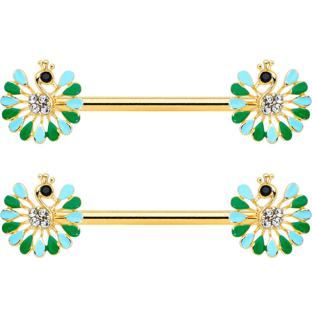 14G 5/8 Clear Gem Gold Hue Pretty Peacock Barbell Nipple Ring Set