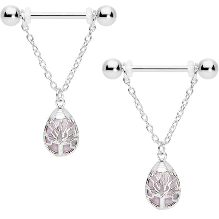 14G 9/16 Pink Rose Quartz Drop Tree Chain Dangle Nipple Ring Set