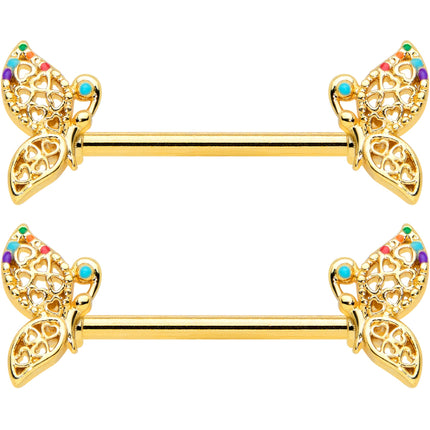 14G 9/16 Clear CZ Gem Gold Tone Heart Butterfly Nipple Ring Set